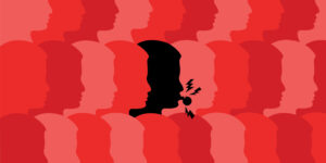 Schwarzer Kopf mit Trillerpfeife inmitten von farbig hinterlegten Köpfen