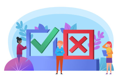 Illustration mit Kasten grüner Haken und rotes x