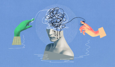 Illustration mit roter und grüner, an der Gedankenspiralen ins Gehirn einer Frau verlaufen